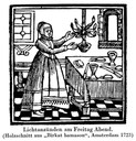Lichtanzünden am Freitag Abend. (Holzschnitt aus "Birkat hamason", Amsterdam 1723), unbekannter Künstler; Bildquelle: Jüdisches Lexikon, Berlin 1930, vol. 4, Sp. 21.
