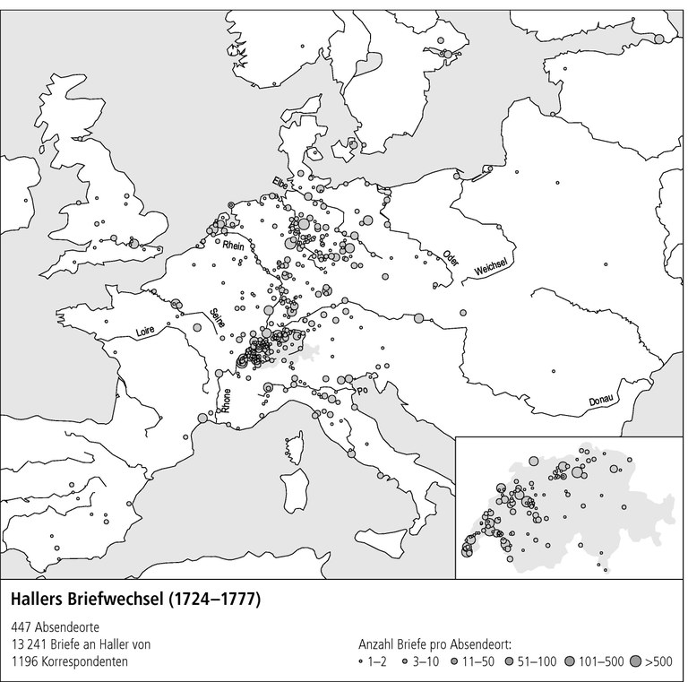 Hallers Korrespondenznetzwerk. Datengrundlage: Haller-Datenbank, Universität Bern; Kartographie: Richard Stuber, Bern.