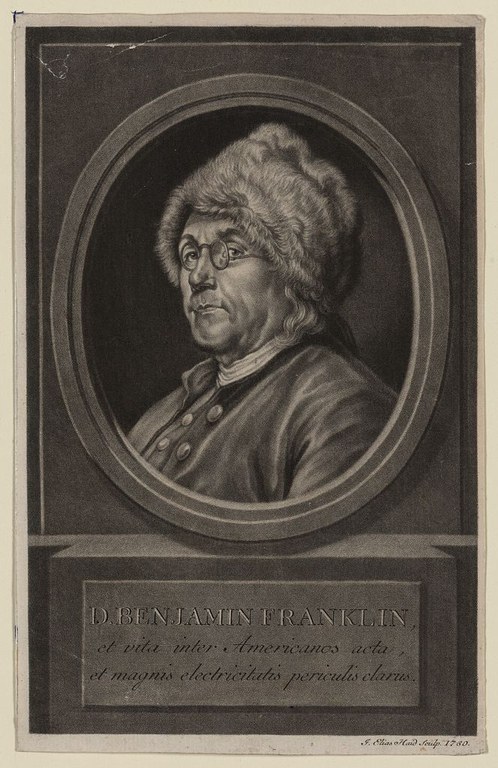 Portrait Benjamin Franklin (1706–1790), Kupferstich nach einem Gemälde von Charles Nicolas Cochin (1715–1790), 1780, Johann Elias Haid (1739–1809); Bildquelle: Library of Congress, Prints and Photographs Division, http://www.loc.gov/pictures/item/2003675418/.