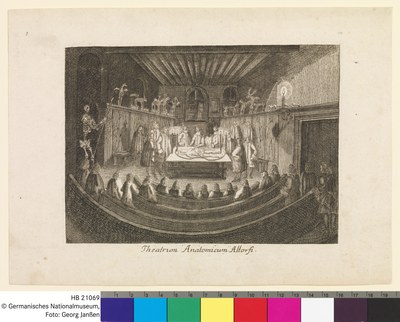 Das anatomische Theater zu Altdorf, Kupferstich, um 1700, Künstler: Johann Alexander Boener, Fotograf: Georg Janßen; Bildquelle: Germanisches Nationalmuseum Nürnberg, Inventarnummer: HB21069.