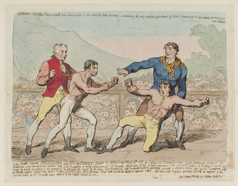 James Gillray [?], "The battle between Mendoza and Humphrey...", kolorierte Radierung, 232 mm x 301 mm, 1789; Bildquelle: © National Portrait Gallery, London, NPG D2398, http://www.npg.org.uk/collections/search/largerimage.php?mkey=mw61388&rNo=