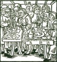 Darstellung der Hostienschändung in Sternberg vom Jahre 1492, nach einem gleichzeitgen Lübecker Stich, unbekannter Künstler; Bildquelle: Jüdisches Lexikon, Berlin 1928, vol. 2, Sp. 1681.