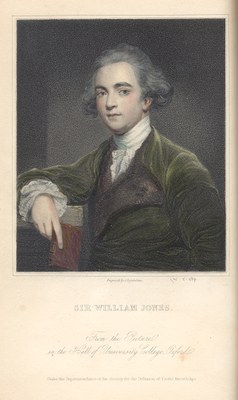 Sir William Jones (1746–1794), coloured steel engraving after Joshua Reynolds (1723–1792) by James Posselwhite (1798–1884), 19th century; source: Walpole, Horace, Earl of Orford: The Letters, ed. by Peter Cunningham, London 1857; The James Smith Noel Collection, Noel Memorial Library, Louisiana State University in Shreveport, http://www.jamessmithnoelcollection.org/images/sir%20william%20jones.jpg.