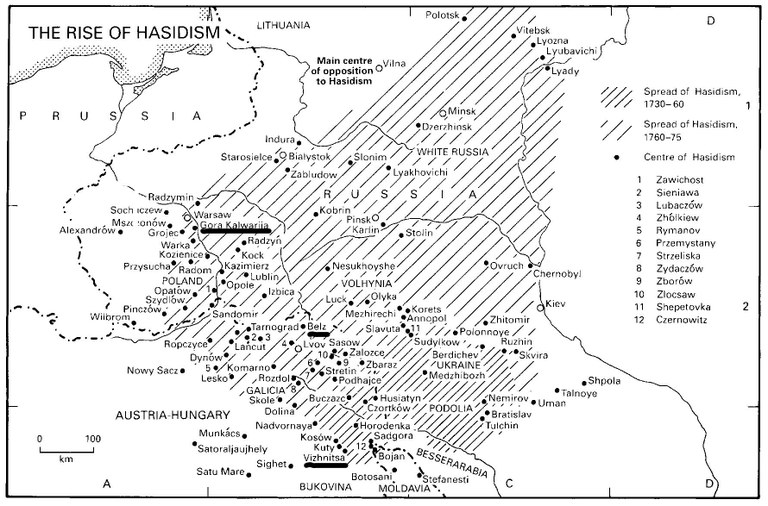 Karte: "The Rise of Hasidism"; Bildquelle: Dan Cohn-Sherbok: "Judaism: History, Belief & Practice", 2003. (Verlag: Routledge). http://cw.routledge.com/textbooks/0415236614/resources/maps/map50.jpg (Markierungen von EGO-Redaktion).