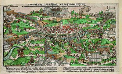 Erhard Schoen (ca. 1491–1542), Ansicht der Belagerung von Münster 1534, kolorierter Holzschnitt mit Typendruck, 34,6x59,3 cm; Bildquelle: LWL-Landesmuseum für Kunst und Kulturgeschichte, Münster/Sabine Ahlbrand-Dornseif, Inv. Nr. K 35-52 LM.