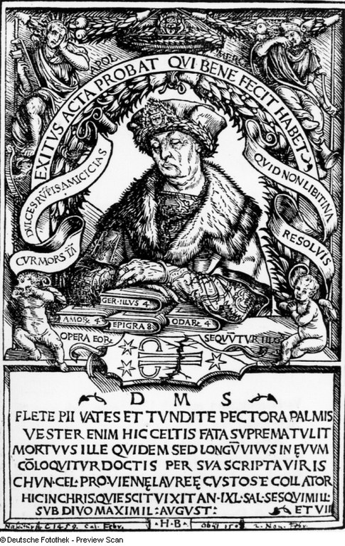 Hans Burgkmair d.Ä. (1473–1531), Portrait von Konrad Celtis (1459–1508), Holzschnitt, 1507; Bildquelle: SLUB Dresden, Deutsche Fotothek (http://www.deutschefotothek.de), Permalink: http://www.deutschefotothek.de/obj70252455.html. 