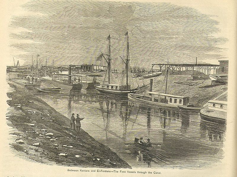 "Suez Canal, between Kantara and El-Fedane. The first vessels through the Canal", engraving, 1869, unknown artist; source: Appleton's Journal of Popular Literature, Science, and Art, 1869, wikimedia commons, http://commons.wikimedia.org/wiki/File:SuezCanalKantara.jpg, public domain.