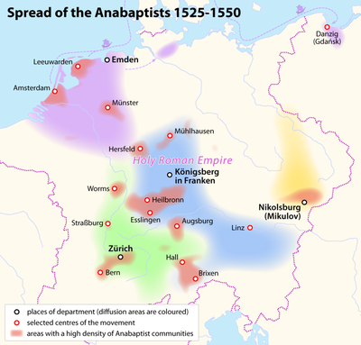 Spread of the Anabaptists 1525–1550, map, author: Maximilian Dörrbecker (Chumwa); source: Wikimedia Commons, http://en.wikipedia.org/wiki/File:Spread_of_the_Anabaptists_1525-1550.png, Creative Commons Attribution-Share Alike 2.0 Generic license, http://creativecommons.org/licenses/by-sa/2.0/deed.en.