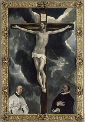 Domínikos Theotokópoulos, bekannt als El Greco (1541–1614), Christus am Kreuz mit zwei Stiftern, Öl auf Leinwand, um 1580; Bildquelle: © Bildagentur für Kunst, Kultur und Geschichte (bpk)/RMN/Gérard Blot, Bildnummer: 00057398; Standort des Originals: Musée du Louvre, Paris.