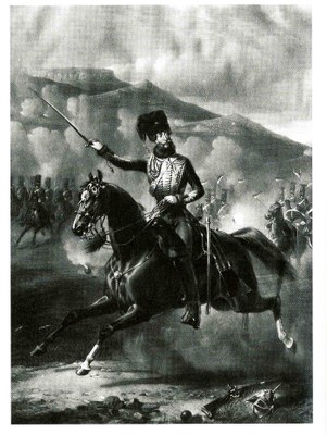 Lord Cardigan an der Spitze der Leichten Brigade, Mezzotint nach Gemälde von Alfred de Prades (1840–1895), undatiert, unbekannter Künstler; Bildquelle: National Army Museum.