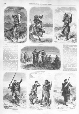 Typen und Physiognomien in der Orient-Armee, Holzstich nach Henri-Durand-Brager (1814–1879), undatiert, unbekannter Künstler; Bildquelle: L’llustration, 17. Mai 1856.
