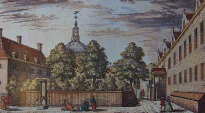 A. Rademaker (1675–1735), Vue de la Maison des Insensés se regardant par derrière/Gesigt van het Dol-huys op de binnen plaats; coloured engraving, 1732; source: Museum Boerhaave, Leiden, www.museumboerhaave.nl.