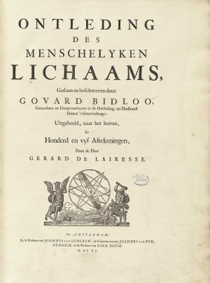 Titlepage of Govert Bidloo's Ontleding Des Menschelyken Lichaams, Amsterdam 1690; source: US National Library of Medicine; http://www.nlm.nih.gov/exhibition/historicalanatomies/Images/1200_pixels/bidloo_title_02.jpg.