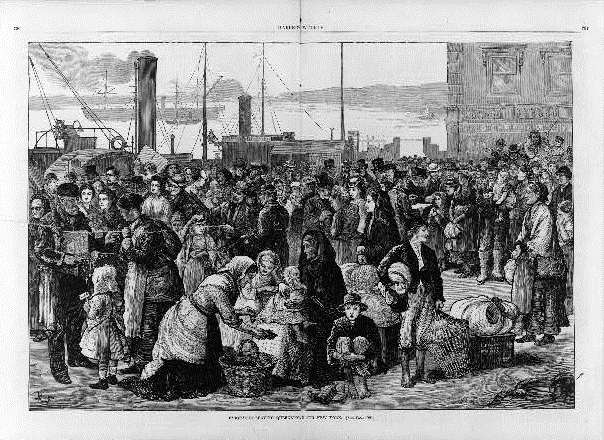 Emigrants leaving Queenstown for New York / M.F., wood engraving, 1874, unknown artist; source: Harper's Weekly, 26 September 1874, pp. 796–797, Library of Congress, Reproduction Number: LC-USZ62-105528 (b&w film copy neg.), http://www.loc.gov/pictures/item/92513178/.