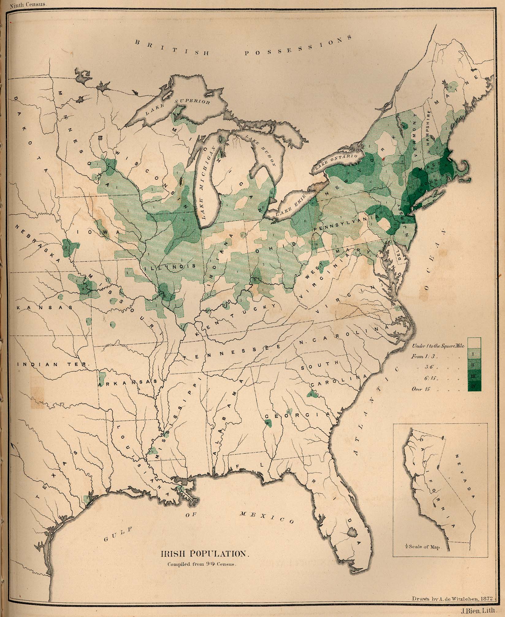 Irish population in 1872, map, drawn by A. de Witzleben, J. Bien lith. New York; source: The Statistics of the Population of the United States, Compiled from the Original Returns of the Ninth Census, 1872; University of Texas Library, Perry-Castañeda Library, Map Collection, http://www.lib.utexas.edu/maps/historical/irish_pop_1872.jpg.