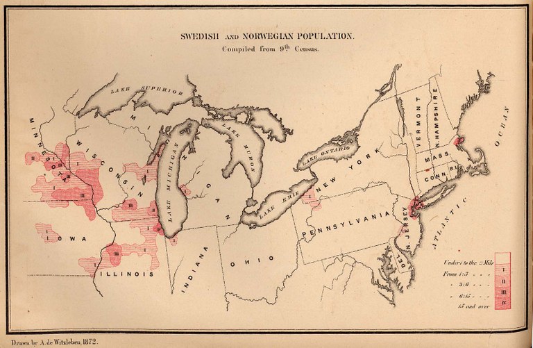 Swedish and Norwegian population in 1872, map, drawn by A. de Witzleben, J. Bien lith. New York; source: The Statistics of the Population of the United States, Compiled from the Original Returns of the Ninth Census, 1872; University of Texas Library, Perry-Castañeda Library, Map Collection, http://www.lib.utexas.edu/maps/historical/swede_norway_pop_1872.jpg.