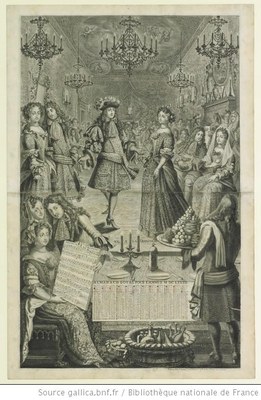 Bal à la Françoise, kennt Fr. Rentsch aus Buch das Genre (Grafik, Stich etc ?), unbekannter Künstler, 1682; Bildqulle : http://www.gallica.bnf.fr, Permalink: http://gallica.bnf.fr/ark:/12148/btv1b69454798.