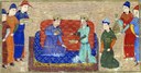 Sayf al-Vâhidî: Dschingis Khan (1162–1227) und Toghril Ong Khan, 1430, in: Rashîd al-Dîn Fazl-Ullâh / Djâmi' al-Tavârîh: Supplément persan 1113, fol. 105; Bildquelle: Bibliothèque nationale de France, http://mandragore.bnf.fr/jsp/switchExpert.jsp?division=Mix&desc=toghril.ong.khan&idDesc=11918. 