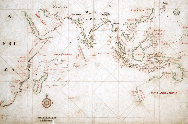 Karte des Handelsgebiets der Vereinigten Ostindischen Companie; Zeichnung, um 1665, unbekannter Künstler; Bildquelle: Nationaal Archief, Ref. 4.VEL-312, www.nationaalarchief.nl.
