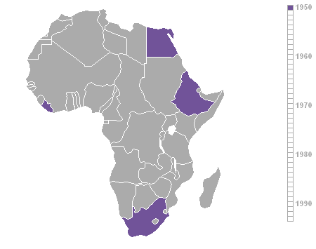 Afrikanische Länder in der Reihenfolge ihrer Unabhängigkeit, 1950–1980; Bildquelle: http://commons.wikimedia.org/wiki/File:Africa.gif?uselang=de  Diese Datei wurde unter der GNU-Lizenz für freie Dokumentation veröffentlicht. 