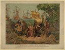 Schulwandbild "Columbus taking possession of the new country", farbige Chromolithographie, USA, 1893, unbekannter Künstler, Boston: published by the Prang Educational Co.; source: Library of Congress, Prints and Photographs Division, DIGITAL ID: (digital file from original print) pga 02388 http://hdl.loc.gov/loc.pnp/pga.02388. 