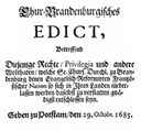 Edikt von Potsdam, Titelblatt, 1685; Bildquelle: Wikimedia Commons, http://commons.wikimedia.org/wiki/File:EdiktPotsdam.jpg?uselang=de.