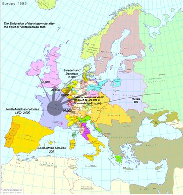 The Emigration of the Huguenots after the Edict of Fontainebleau; image source: Leibniz Institute of European History, map "Europa 1699": IEG-MAPS Server for digital historical maps, editor: Andreas Kunz. © IEG/A. Kunz 2008, http://www.iegmaps.de/mapsp/mappEu699Serie1.htm.