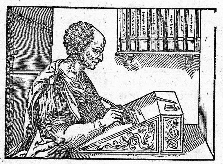 Unknown artist, Cicero writing his letters, woodcut, 1547. Source: Cicero: Epistulae ad familiares, printed by Hieronymus Scotus (alias Girolamo Scoto), Venice 1547, Wikimedia Commons, http://commons.wikimedia.org/wiki/File:CiceroEpistulaeAdFamiliaresVenice1547page329Detail.jpg    