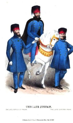 Mehmed Hüsrev Paşa standing to the left of his sultan Mahmud II (c. 1784–1839), coloured engraving, 1840, unknown artist; source: Reid, John: Turkey and the Turks, London 1840.