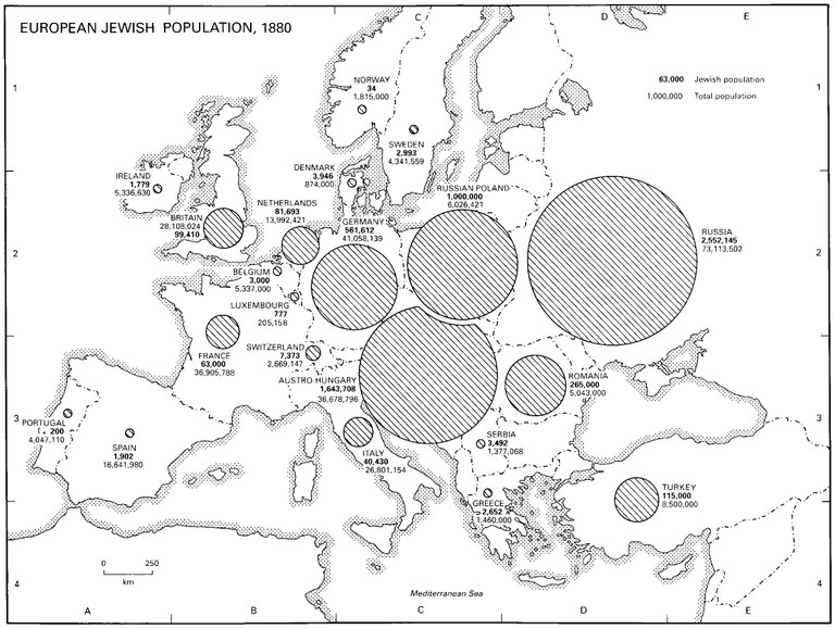 Karte: "European Jewish Population, 1880"; Bildquelle: Dan Cohn-Sherbok: "Judaism: History, Belief & Practice", London u.a. 2003. (Verlag: Routledge). http://cw.routledge.com/textbooks/0415236614/resources/maps/map57.jpg