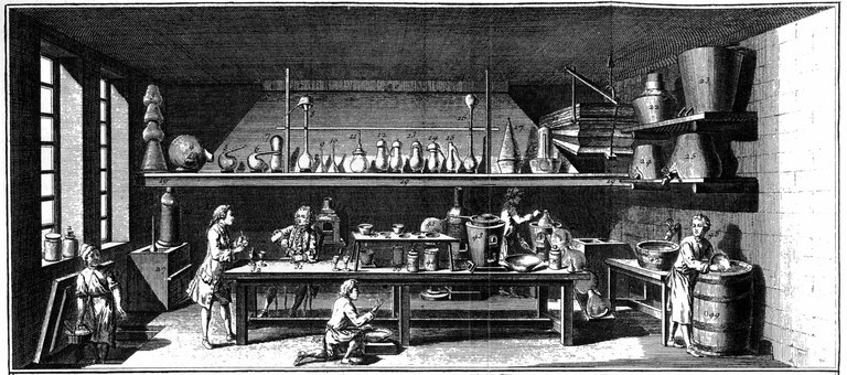 Chemisches Labor, 1765, unbekannter Künstler; Bildquelle: Encyclopédie, ou Dictionnaire Raisonné des Sciences, des Arts et des Métiers, vol. 33, Planches, Neuchatel 1765, „Chimie“, Tafel I.
