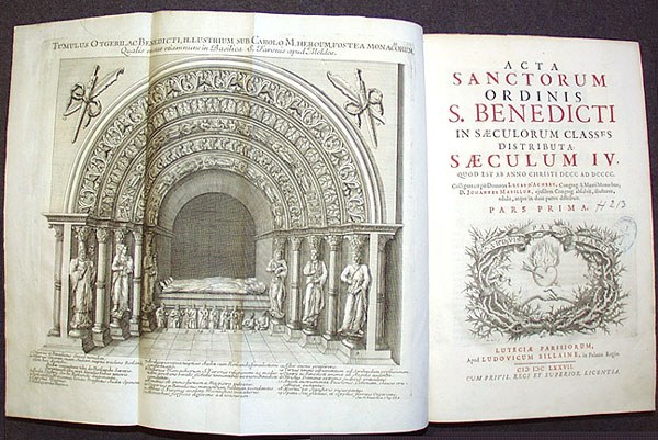 Titelblatt von Acta sanctorum Ordinis Sancti Benedicti.; Bildquelle: Luc d’Achery / Jean Mabillon: Acta sanctorum Ordinis s. Benedicti in saeculorum classes distributa. Vol. 4:. Folio. Paris 1677.