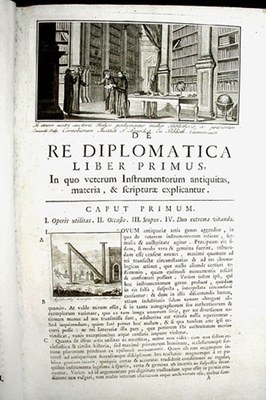 Titelblatt von De re diplomatica libri VI.; Bildquelle: Mabillon, Jean: De re diplomatica libri VI. vol. 1 of 2. Folio. 3. Edition, Neapel 1789.