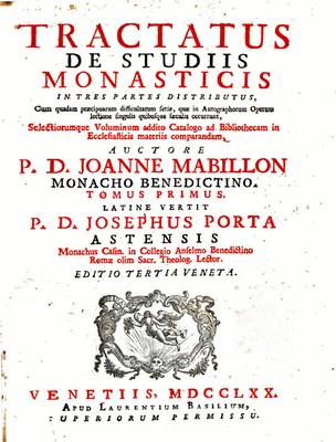 Titelblatt des Tractatus de studiis monasticis in tres partes distributus; Bildquelle: Mabillon, Jean: Tractatus de studiis monasticis in tres partes distributus,  Venedig 1770. 