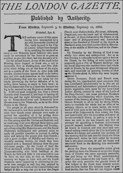 Henry Muddiman (1629–1692), The London Gazette, Nr. 85 vom Montag, dem 3. September 1666, Titelblatt; Bildquelle: The London Gazette Archive, online: http://www.london-gazette.co.uk/issues/85/pages/1. 