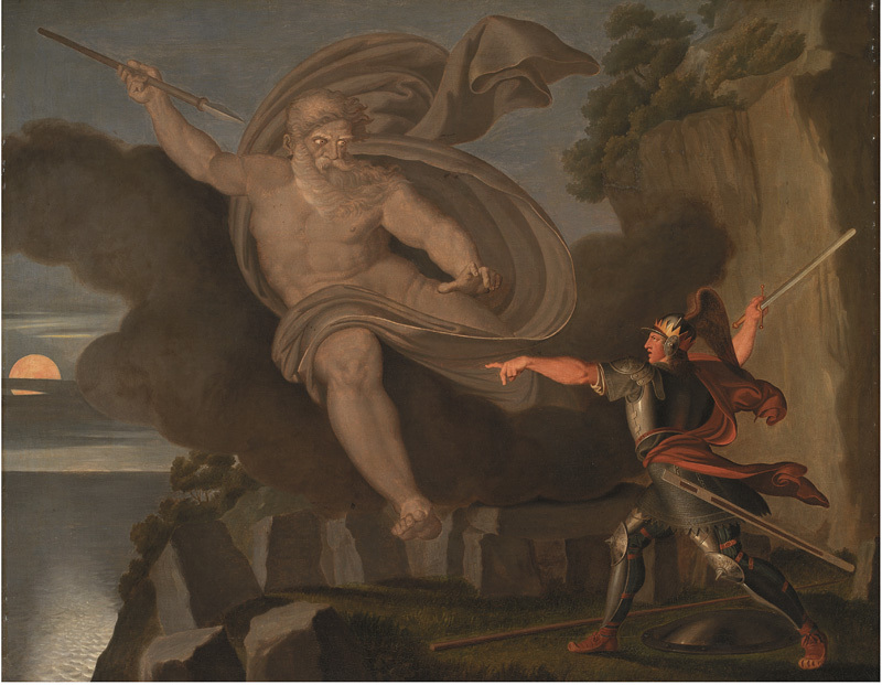 Asmus Jacob Carstens (1754–1798): Fingal's Battle with the Spirit of Loda, 1797, 91 x 109.9 x 7.2 cm, oil on canvas, source: Statens Museum for Kunst / National Gallery of Denmark, KMS607, http://www.smk.dk/en/explore-the-art/search-smk/#/detail/KMS607. Public Domain.