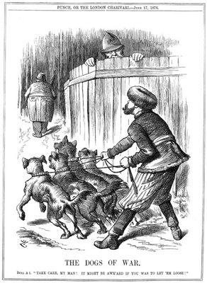 John Tenniel (1820–1914), "The Dogs of War", Karikatur aus der Zeitschrift Punch vom 17. Juni 1876, Kupferstecher: Joseph Swain (1820-1909), Digitalisat: Adam Cuerden; Bildquelle: Wikimedia Commons, http://commons.wikimedia.org/wiki/File:Punch_-_The_Dogs_of_War.png?uselang=de.