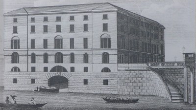 The Albion Mill, Blackfriars Bridge, Radierung, anonymer Künstler; Bildquelle: The New London Magazine vi (July 1790), S. 329. 