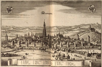 Matthäus Merian (1593–1640): Nördlingen, Kupferstich, aus: Ders. (Hg.): Topographia Sueviae, 2. Aufl., Frankfurt am Main 1643, online: http://www.digitalis.uni-koeln.de/Merians/merians_index.html. 
