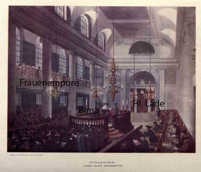 Thomas Rowlandson (1756–1827) und Augustus Charles Pugin (1762–1832), Synagogue, Dukes Place. Houndsditch; Bildquelle: Ackermann, Rudolph: The Microcosm of London or London in Miniature, London 1904, vol. 3, S, 166, http://archive.org/stream/microcosmoflondo03pyneuoft#page/200/mode/1up. 