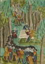 Täuferversammlung im Wald – umringt von Täuferjägern, unbekannter Künstler; Bildquelle: Zentralbibliothek Zürich, Ms F 23, fol. 394.