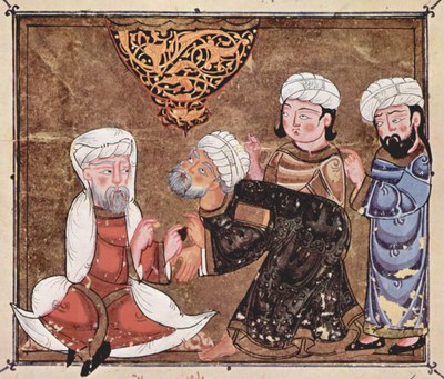 Vor dem Kadi, Buchmalerei, ca. 1334, unbekannter Künstler; Bildquelle: © Österreichische Nationalbibliothek, Cod. A.F. fol. 30v.