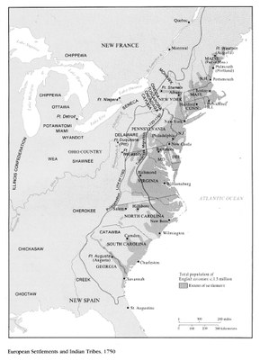 European Settlement and Indian Tribes, 1750. (Karte der Besiedelung der nordamerikanischen Ostküste. Europäische Siedlungen getrennt von indigenen Gebieten, 1750.) Quelle: Maryland State Archives, http://msa.maryland.gov/ecp/10/214/images/00200001.gif, gemeinfrei.