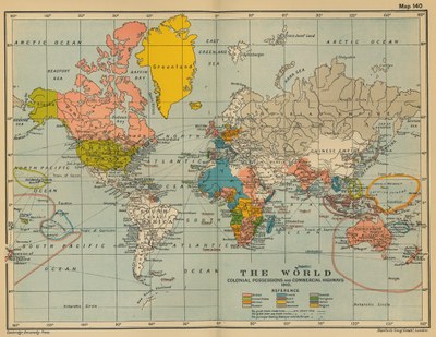 Stanford's Geographical Establishment, London: The World: Colonial Possessions and Commercial Highways, 1910, in: The Cambridge Modern History Atlas, edited by Sir Adolphus William Ward, G.W. Prothero, Sir Stanley Mordaunt Leathes, and E.A. Benians. Cambridge University Press; London 1912, map 140. Source: Perry-Castañeda Library Map Collection. Courtesy of the University of Texas Libraries, The University of Texas at Austin. http://www.lib.utexas.edu/maps/historical/ward_1912/world_1910.jpg, public domain. 