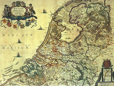 Jan Janssonius (1588–1664), "Belgii Foederati Nova Descriptio", Landkarte, Niederlande 1658; Bildquelle: wikimedia commons, http://commons.wikimedia.org/wiki/File:Seven_United_Netherlands_Janssonius_1658.jpg.