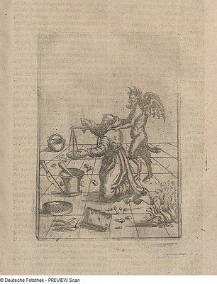 Monk creating gunpowder with the devil behind his back 1603