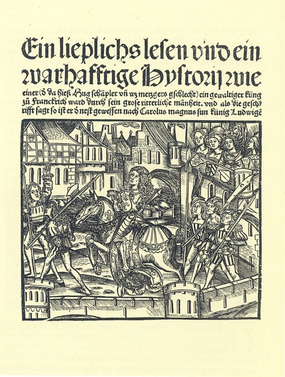 Elisabeth von Nassau-Saarbrücken (1393–1456): Hug Schappler, Titelblatt, 1500, unbekannter Künstler; aus: Stephan Füssel: Gutenberg und seine Wirkung, Darmstadt 1999, Tafel 40.