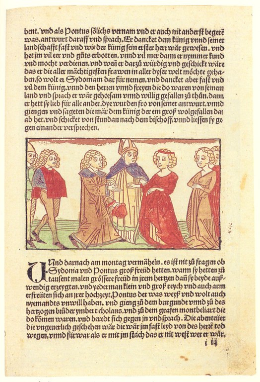 Eleonore von Österreich (1433–1480): Pontus und Sidonia, Textseite, unbekannter Künstler, 1498; aus: Stephan Füssel: Gutenberg und seine Wirkung, Darmstadt 1999, Tafel 39.