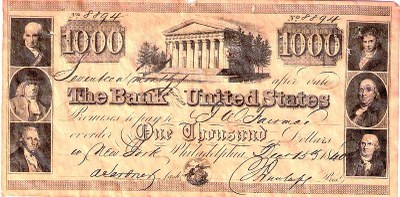 US Federal Government, Promissory note issued by the Second Bank of the United States in the amount of $1,000, Farbdruck, 1840; Bildquelle: Wikimedia Commons, http://commons.wikimedia.org/wiki/File:Promissory_note_-_2nd_Bank_of_US_$1000.jpg.  