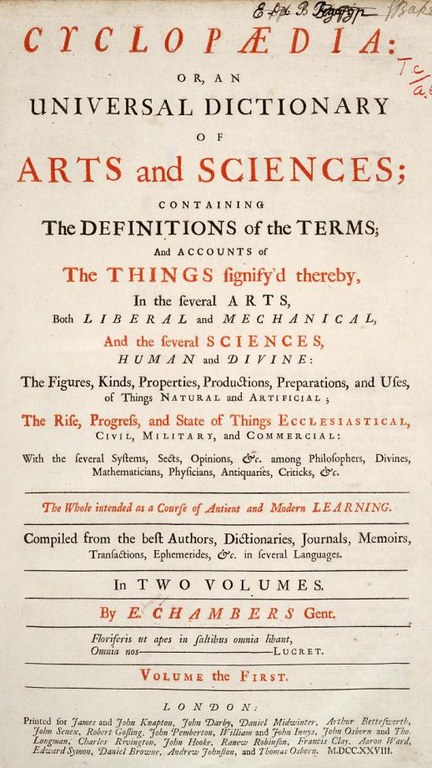 Titelseite der von Ephraim Chambers (1680–1740) in London herausgegebenen Cyclopedia in der Ausgabe von 1728; Bildquelle: University of Wisconsin Digital Collections, http://digicoll.library.wisc.edu/cgi-bin/HistSciTech/HistSciTech-idx?type=div&did=HistSciTech.Cyclopaedia01.i0003&isize=M.